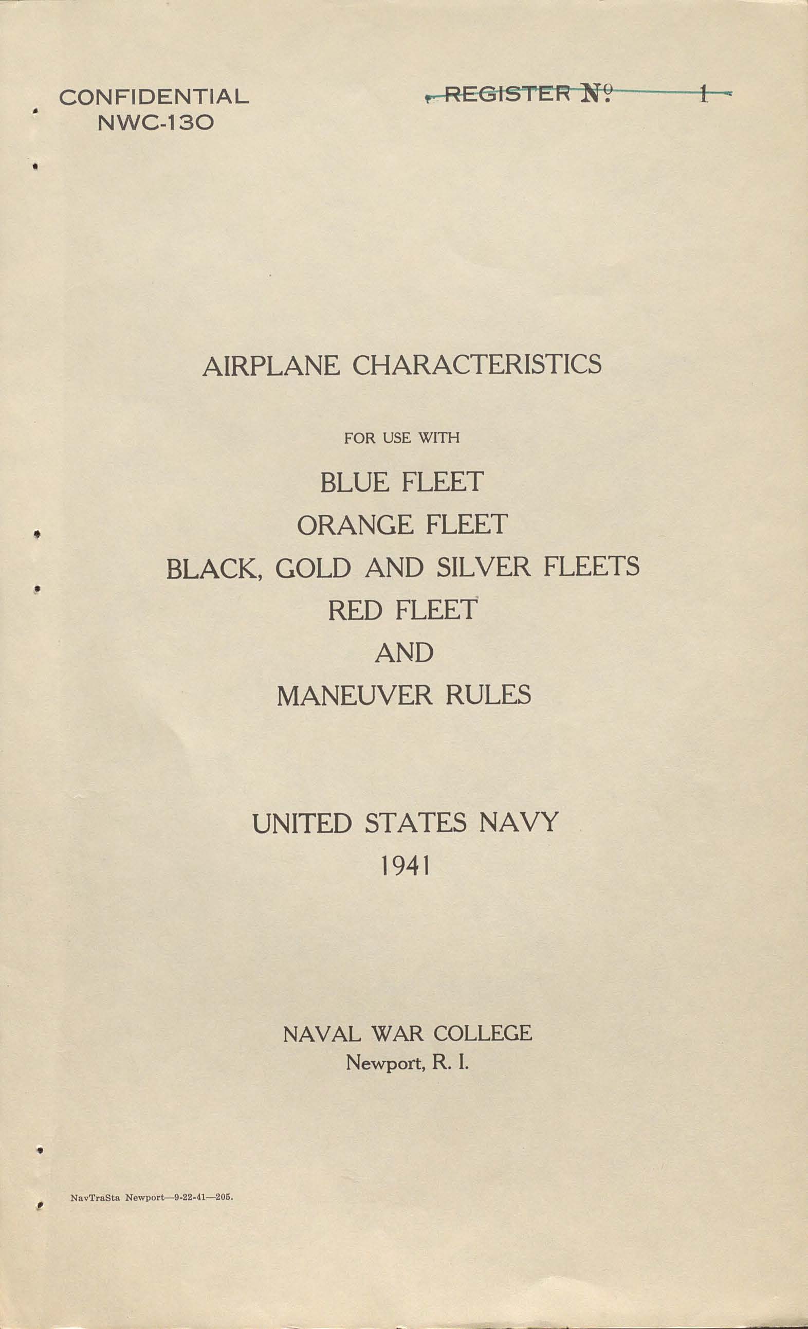 Airplane Characteristics for use with Blue Fleet; Orange Fleet; Black, Gold and Silver Fleets; Red Fleet and Maneuver Rules